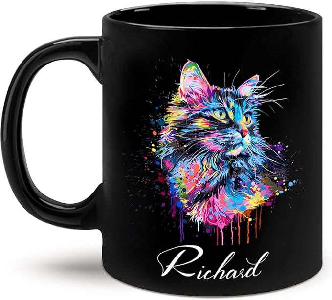 Customized Cat Ceramic Mug, Gift For Cat Pet Owner, Personalized Cat Lover Coffee Cup, Colorful Cat Design Mug For Birthday, Custom Name Cat Animal Black Cup, Unique Cat Mug 11oz 15oz-Ruum Studio Home
