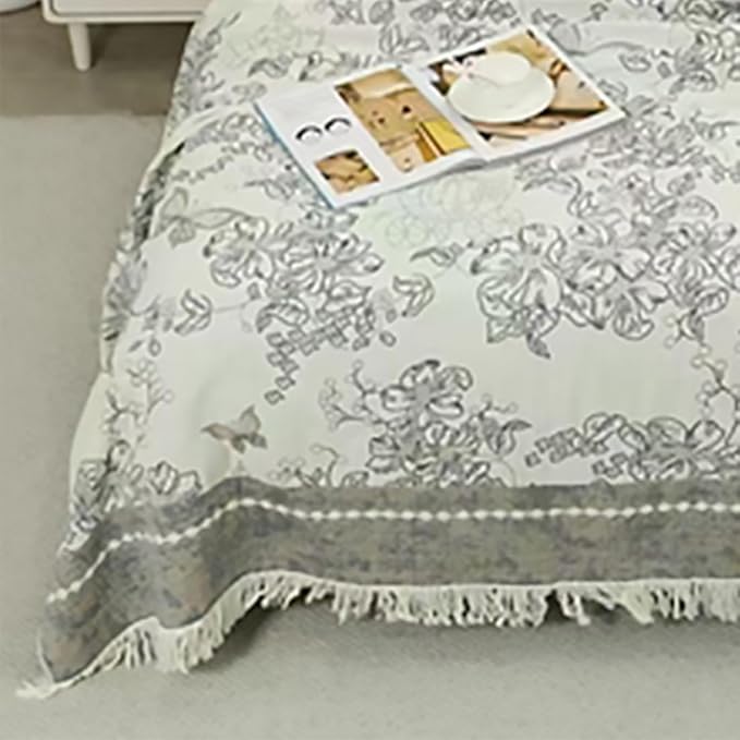 Boho Muslin Blanket for Adults 4-Layer Gauze Twin Size Soft Cozy 100% Cotton Summer Cooling Blanket Floral Decor for Sofa Bed Coverlet Both Sides (Tassels Floral Grey, 80 x 90 in)-Ruum Studio Home