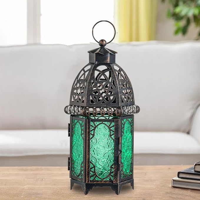 NEEDOMO Hanging Moroccan Lantern, 12.8'' Vintage Candle Holder, Metal Lanterns Decorative Indoor Outdoor, Table, Patio, Porch, Shelf, Gothic Home Decor (Green, Large Size)-Ruum Studio Home