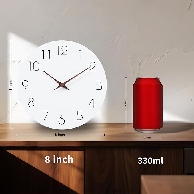 Mosewa Wall Clock Battery Operated 8 Inch White Silent Non Ticking Simple Minimalist Wooden Decorative for Kitchen Bathroom Bedroom Living Room Office-Ruum Studio Home