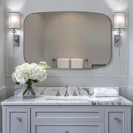 ANDY STAR Brushed Nickel Bathroom Mirror, 30x40” Oblong Mirror with Stainless Steel Metal Frame, Silver Oval Vanity Mirror for Over Sink, Modern Anti Rust Wall Mounted-Ruum Studio Home