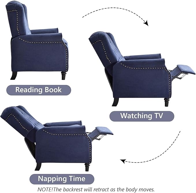CANMOV Push Back Recliner Chair Set of 2, Modern Fabric Wingback Recliner Chair, Comfy Armchair Single Sofa Accent Chair with Padded Seat and Nailhead Trim, Tufted, Dark Blue-Ruum Studio Home