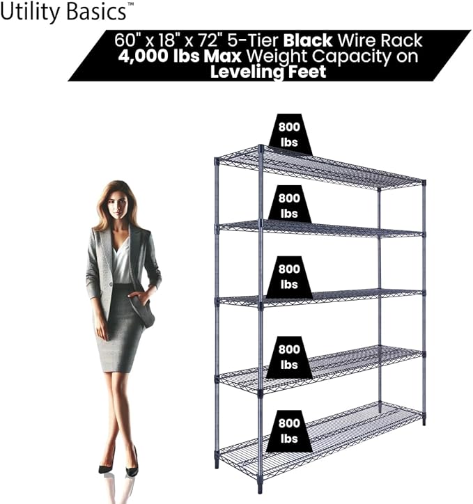60"x18"x72" Black 5-Tier Premium Wire Shelving NSF 4000 LBS MAX Capacity Heavy Duty Steel Storage Rack for Warehouses, Garages, Hospitals, Commercial Spaces, & Schools w/Premium Wheels-Ruum Studio Home