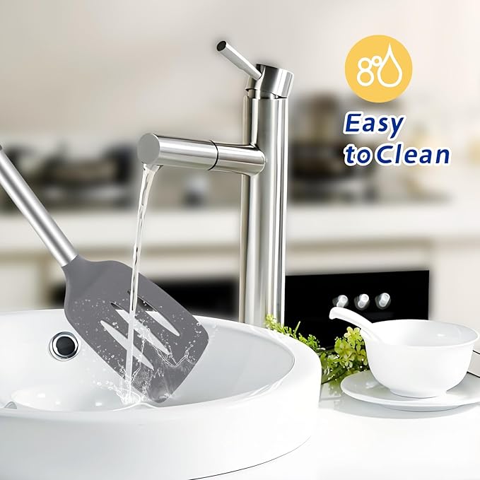 5-Piece Silicone Kitchen Tool Set, BPA-Free, Heat-Resistant, Non-Stick & Dishwasher-Safe, with Slotted/Solid Spoons & Spatulas for Frying, Mixing, Draining – Includes Multi-Purpose Serving Hook(Gray)-Ruum Studio Home