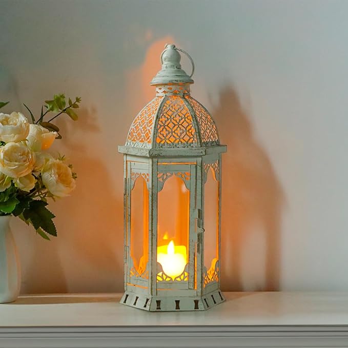 JHY DESIGN Decorative Candle Lantern 15''H Vintage Metal Candle Holder for Garden Living Room Indoor Outdoor Parties Weddings Patio(White with Gold Brush)-Ruum Studio Home