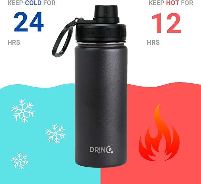 DRINCO Stainless Steel Water Bottle Spout Lid Vacuum Insulated Double Wall Water Bottle Wide Mouth (40oz 32oz 22oz 18oz 14oz) Leak Proof Keeps Cold or Hot (18 oz, 18oz Black)-Ruum Studio Home