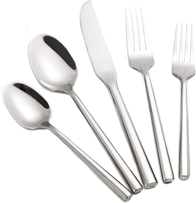 Hand Forged Stainless Steel Flatware Set Silverware Set Cutlery Set Hexagon Handle 5 Pieces Service for 1-Ruum Studio Home