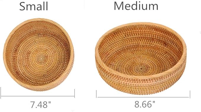Set of 2 Round Rattan Bowl Baskets, 8 9 Inch Handmade Wicker Basket Tray with 3”Deep Wall, Decorative Woven Brown Bread Basket Fruit Bowl Table Key Holder, 2-Size-Ruum Studio Home
