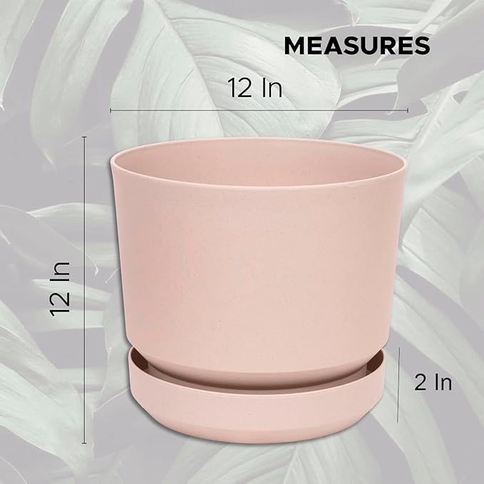 Elly Décor 12 inch Plastic Cylinder Planter Pot with Self-Watering Saucer and Drainage Hole,Lightweight & Extremely Durable, 12"x 12", Ivory-Ruum Studio Home