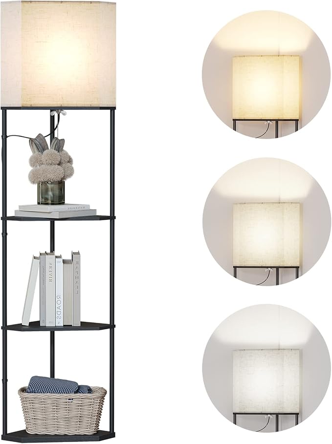 SUNMORY Sector Corner Shelf Lamp 3 Color Temperatures LED Bulb,Corner Lamps with Linen Lampshade, Floor Lamps for Living Room, Bedroom, Study, Black Standing Lamp with Shelves-Ruum Studio Home