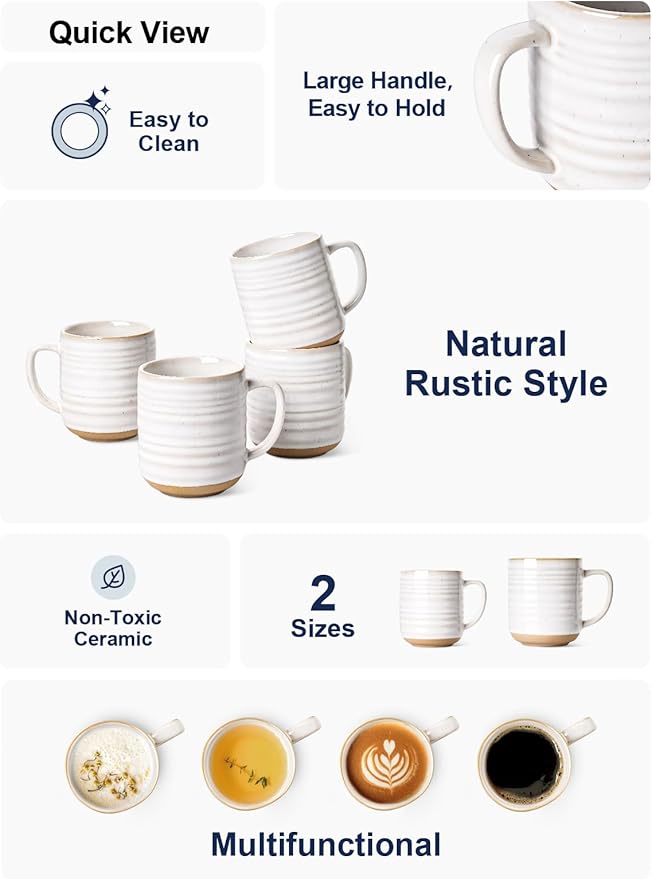 LE TAUCI Coffee Mugs 12 oz, Ceramic Mug Set, Housewarming Wedding Present, Coffee Cups for Latte, Hot Tea, Cappuccino, Mocha, Cocoa - Set of 4, Arctic White-Ruum Studio Home