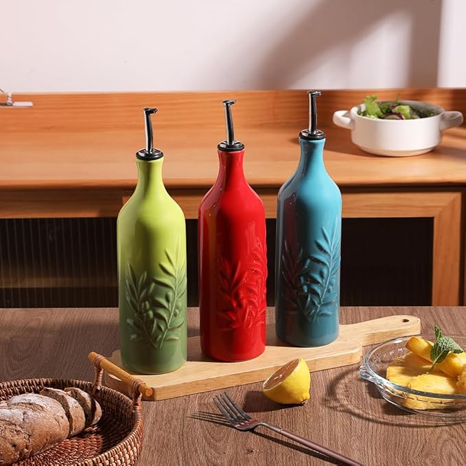 Sweejar Large Ceramic Olive Oil Dispenser Bottle, 24 Oz Relief Opaque Oil Cruet Protects Oil To Reduce Oxidation, Storage Vinegar, Soy Sauce, Coffee Syrup, Liquids, Set of 1 (Red)-Ruum Studio Home