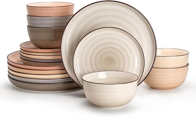 Sweese Plates and Bowls Sets, 18 Piece Dinnerware Set Porcelain Round Dinner Set for 6, Scratch Resistant Dishes Set, Dishwasher and Oven Microwave Safe Handpainted Swirl Dishware Sets, Neutral-Ruum Studio Home