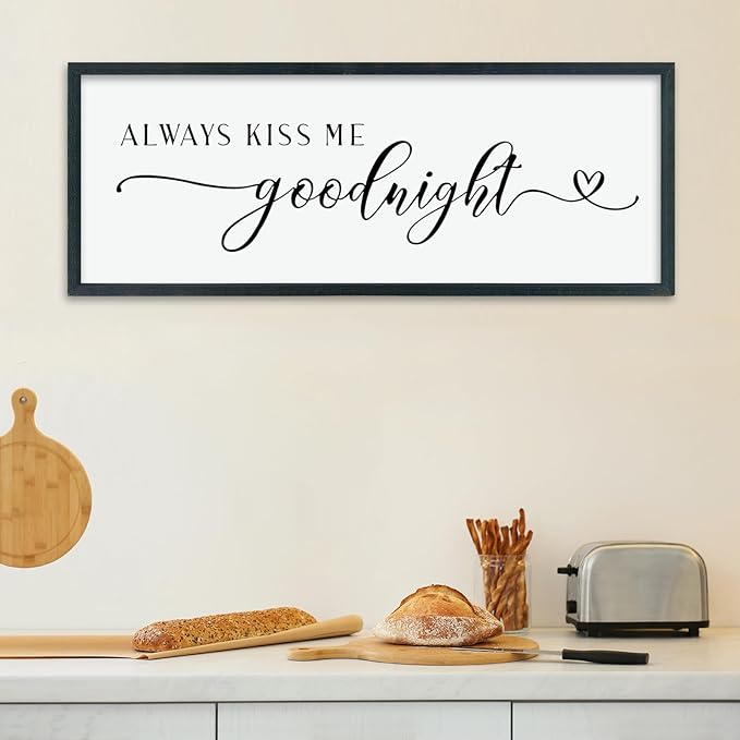 comurdyo Always Kiss Me Goodnight Sign for Bedroom Above bed Wall Decor 40''×15'' Large Wood Frame For Couples Over Bed Hanging Wall Art (Black)-Ruum Studio Home