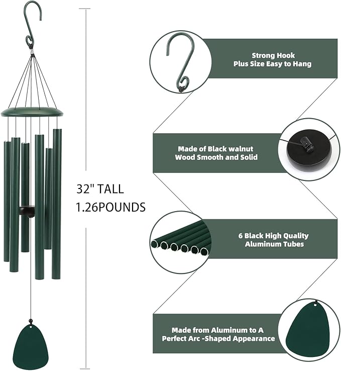 Wind-Chimes-Outdoor-Deep-Tone, Large Soothing Melodic Tones Windchimes, Wind Chimes for Outside, Memorial Wind Chime Best Gift for Mom Women Grandma Neighbors(32" Forest Green Coated Aluminum)-Ruum Studio Home