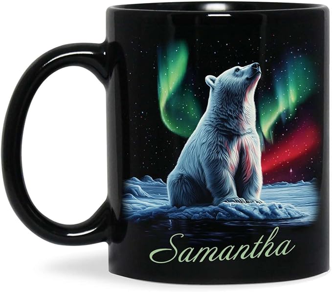 Custom Enchanted Arctic Landscape Design Cup, Customized Name Coffee Mug 11oz 15oz, Personalized Polar Bear And Northern Lights Ceramic Cup, Cute Polar Bear Black Mug, Gift For Her-Ruum Studio Home
