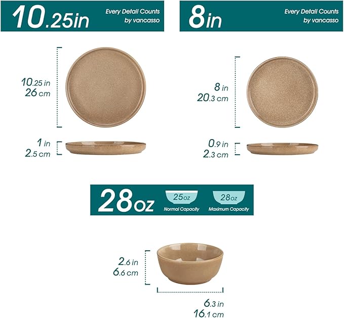 vancasso ANYA 24 Pieces Plates and Bowls Set, Caramel Dinnerware Sets, Reactive Glaze Dishes Set for 8, Ceramic Dishware Sets Kitchen Dinner Set, Microwave & Dishwasher Safe-Ruum Studio Home