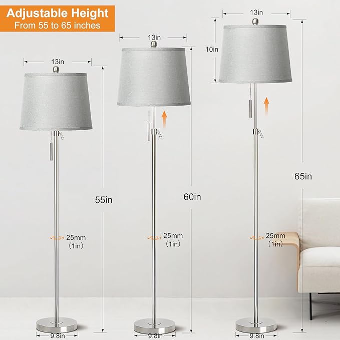 Floor Lamp for Living Room,Adjustable Height Standing Lamp,Dimmable Modern Floor Lamps for Bedroom Office Tall Floor Lights with Pull Chain Bulb Included-Silver Gray Shade-Ruum Studio Home