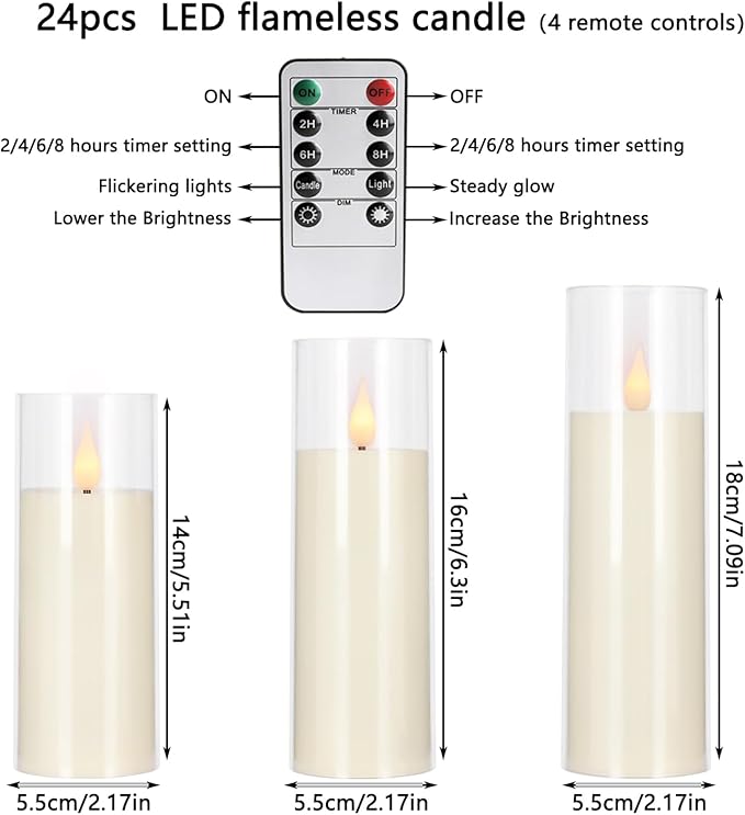 24-Pack Acrylic LED Flameless Pillar Candles with Remote & Timer, Battery Powered - Perfect for Indoor/Outdoor Decor,Wedding,BBQ and Gift - Easily Create a Magical Atmosphere.-Ruum Studio Home