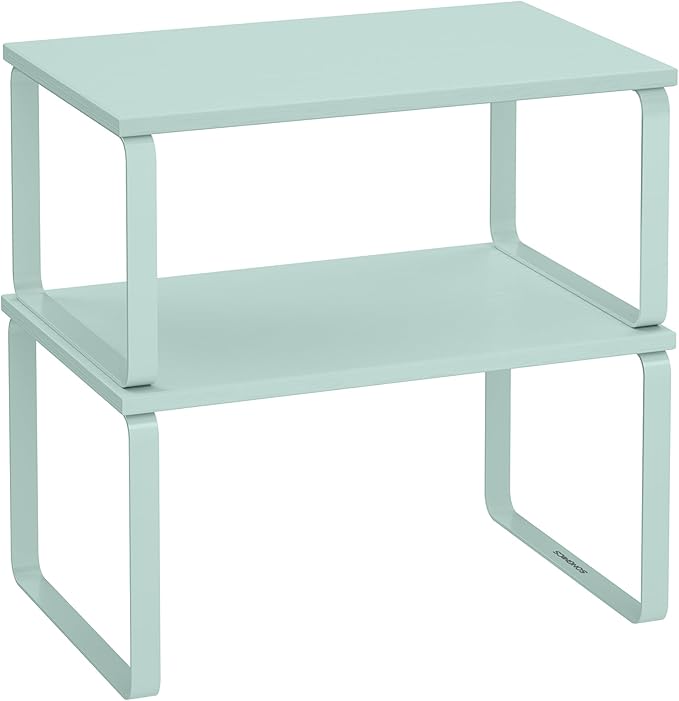 SONGMICS Cabinet Organizer Shelf, Set of 2 Kitchen Counter Shelves, Kitchen Storage, Spice Rack, Stackable, Expandable, Metal and Engineered Wood, Moonlight Green UKCS002C01-Ruum Studio Home