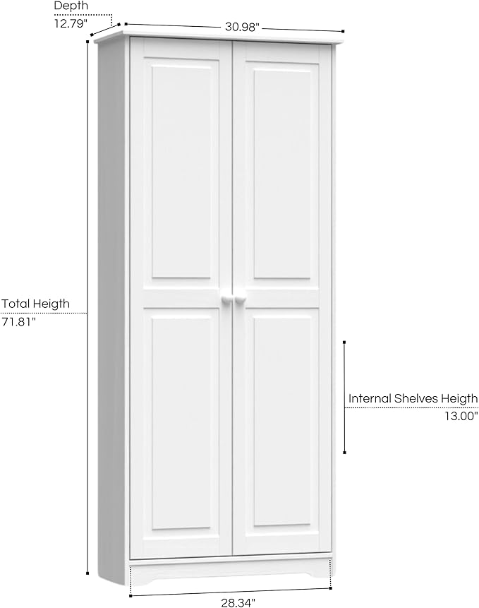 Pantry Cabinet Storage Cabinet with 2 Doors Solid Wood - Adjustable Shelves for Kitchen, Dining Room, or Utility Room Organization-Ruum Studio Home