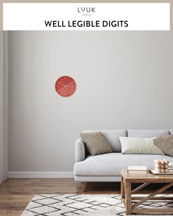 LUUK LIFESTYLE Modern Wall Clock with Silent Quartz Movement, Stylish and Elegant, for Living Room, Bedroom, Dining Room, red and Gold-Ruum Studio Home