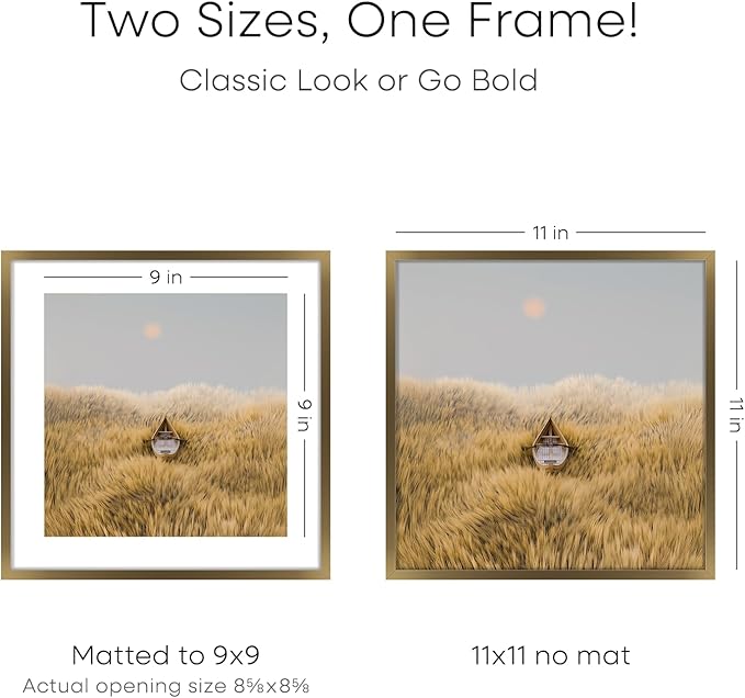Homeforia 11x11 Picture Frame Brass, High End Metal 11 by 11 Square Bronze Frames with Mat 9 x 9 Photo, 11by11 Poster Frame Matted to 9x9 Print, Wall Hanging Frames, Tempered Glass, Wall Kit, Set of 1-Ruum Studio Home