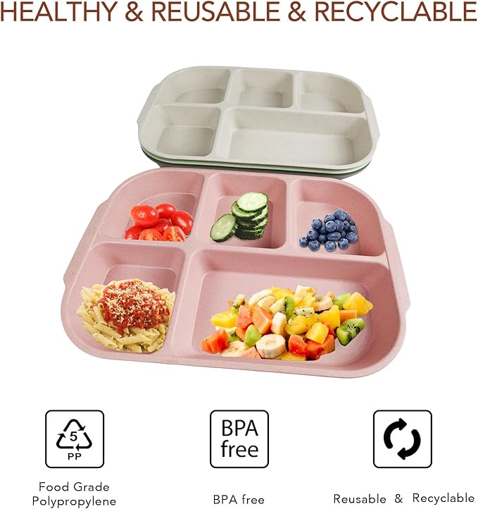 greenandlife 10.8 Inch 4PCS Divided Plates for Kids Adults, Portion Control Plates, Dishwasher & Microwave Safe Compartment Plate, Unbreakable Lightweight Reusable Wheat Straw Plates, INS-Ruum Studio Home