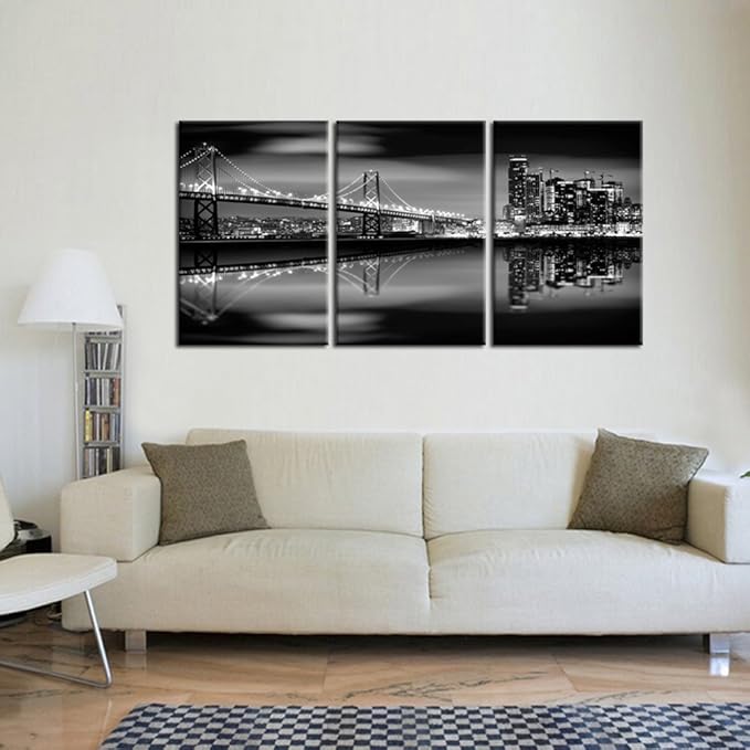 KREATIVE ARTS - San Francisco Bay at Night in Black and White Bridge 3 Panels Modern Landscape Artwork Canvas Prints Cityscape Pictures Paintings on Canvas Wall Art for Home Decor (16x24inchx3pcs)-Ruum Studio Home