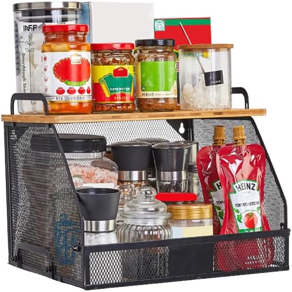 1 SET Large fruit basket for kitchen counter-stackable basket with Bamboo Tops & Tag,hanging wall baske,for Cabinet Shelf Countertop pantry storaget, onion potato Vegs Bread Food Organizing Bin,BLACK-Ruum Studio Home