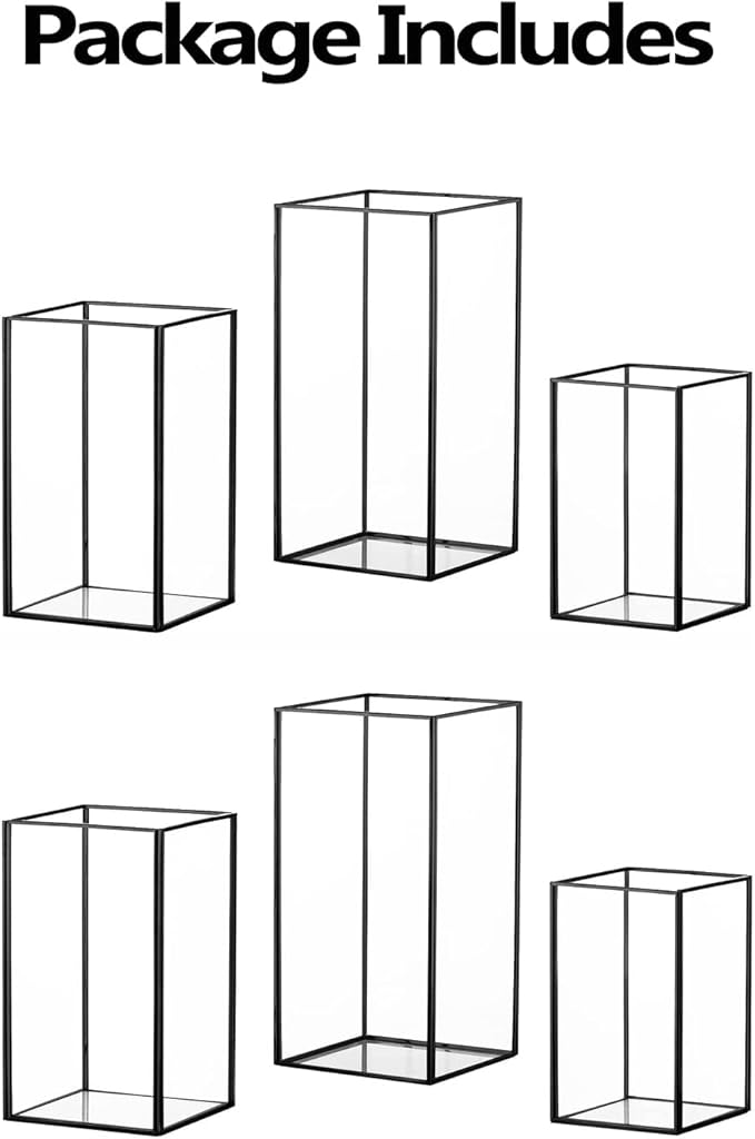 Hewory Glass Hurricane Candle Holder Set of 6, Black Large Hurricane Centerpiece for Table, Tall Floor Square Pillar Candle Holders Lantern Set for Wedding, Anniversary, Party, Fireplace, Dining Room-Ruum Studio Home