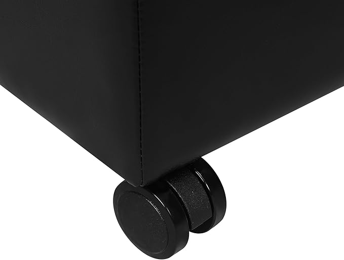 Adeco 17.7" Leather Ottoman with Wheels, Black Square Rolling Ottoman with Storage, Upholstered Button Tufted Vanity Stool with Hinged Lid for Living Room, Bedroom, Dorm-Ruum Studio Home