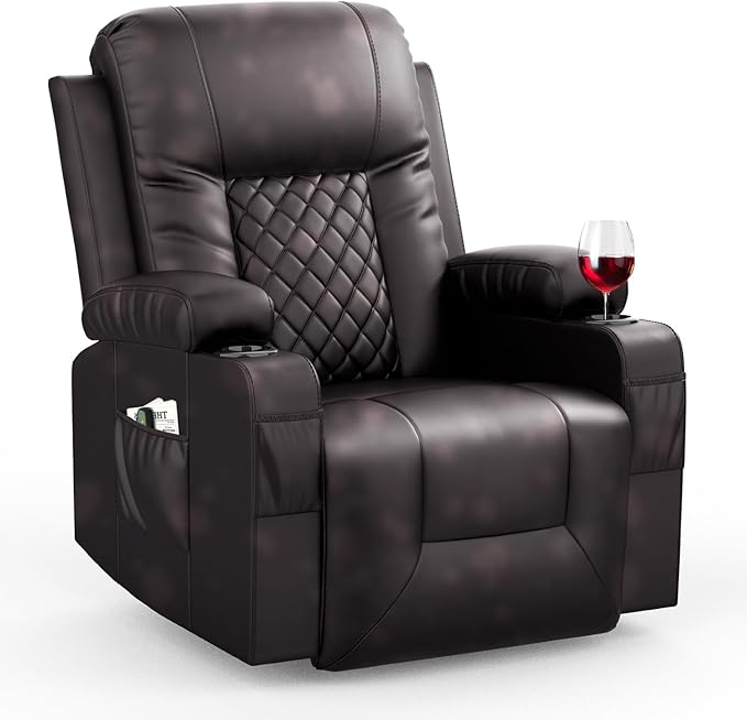Recliner Chairs for Adults, FSC Certified Massage Rocker with Heated Modern Ergonomic Lounge 360 Degree Swivel Single Sofa Seat Living Room Lounge Recliners Brown-Ruum Studio Home