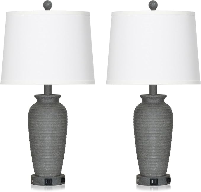 25" Grey Vintage Table Lamp Set of 2 Farmhouse Jar Table Lamps for Living Room，Touch Bedside Lamps with USB A+C Ports & AC Outlet, Pot Nightstand Lamps for Bedroom Living Room (LED Bulbs Included)-Ruum Studio Home