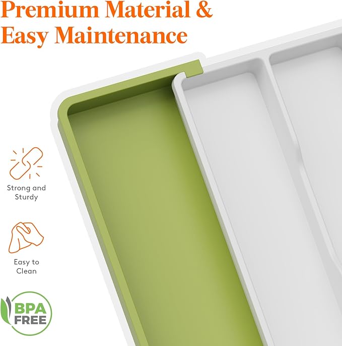 Lifewit Utensil Organizer for Kitchen Drawers, Expandable Cooking Utensil Tray, Adjustable Cutlery Silverware Flatware Holder, Plastic Spatula Tools and Gadgets Storage Divider, Large, Green&White-Ruum Studio Home