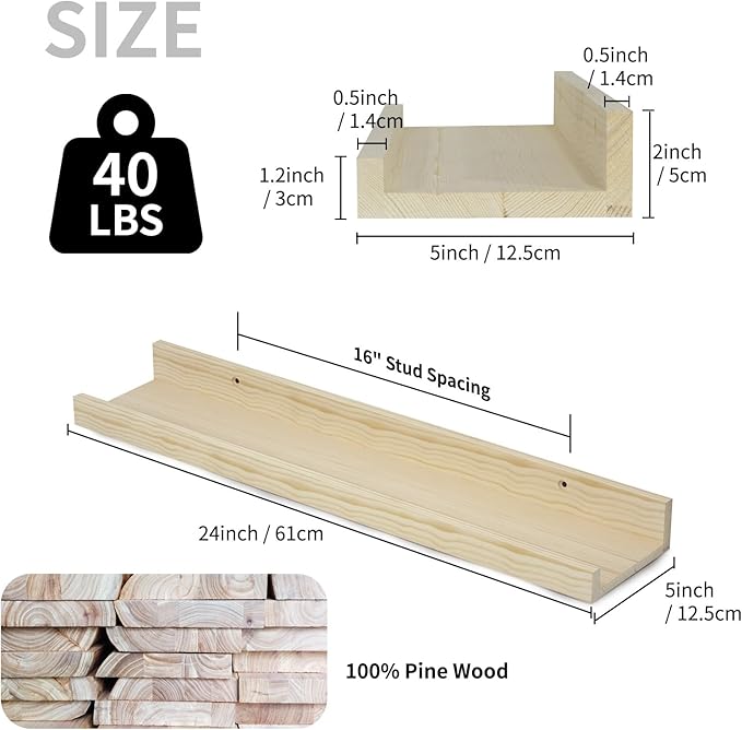 SAUMONIERES Picture Ledge Shelf Floating Book Shelves Set of 2 Wall Mounted Solid Wood for Bedroom Bathroom Living Room Kitchen, 24 Inch Natural-Ruum Studio Home