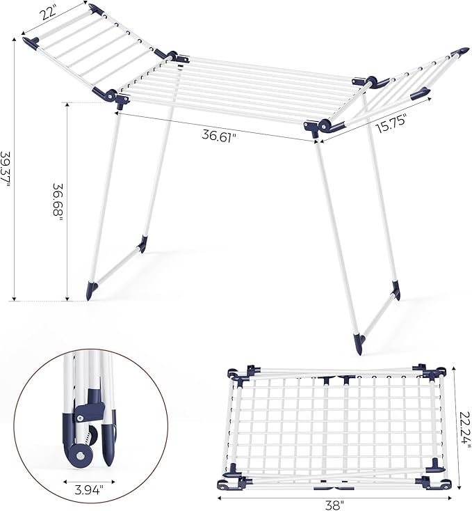 APEXCHASER Clothes Drying Rack Foldable, Large Drying Rack Clothing, Winged Laundry Rack Folding Indoor Outdoor, Metal Clothes Airer for Bedding Towel Sweater Heavy Duty, 68.9" X 22" X 39.3", White-Ruum Studio Home