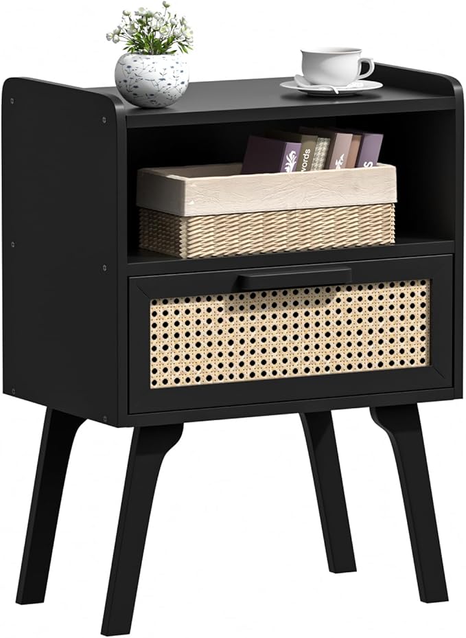Lerliuo Rattan Nightstand, Bedside Table with Drawer Open Shelf, Cane Accent Side End Table with Solid Wood Legs, Black Mid Century Night Stand for Bedroom, Dorm and Small Spaces-Ruum Studio Home