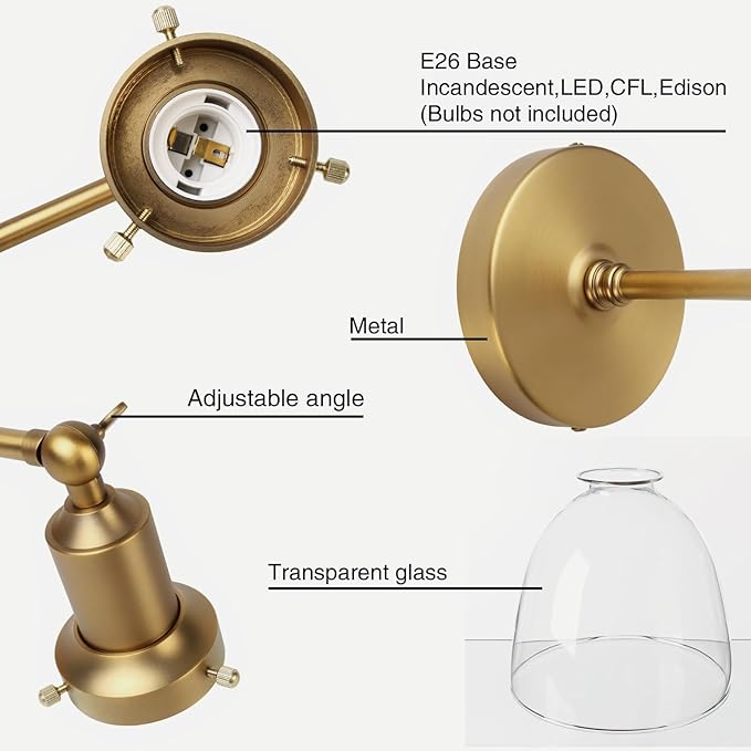 PERMO Industrial Vintage Slope Pole Wall Mount Single Sconce with 6.7" Oval Dome Clear Glass Shade Wall Sconce Light Fixture (Antique Gold)-Ruum Studio Home