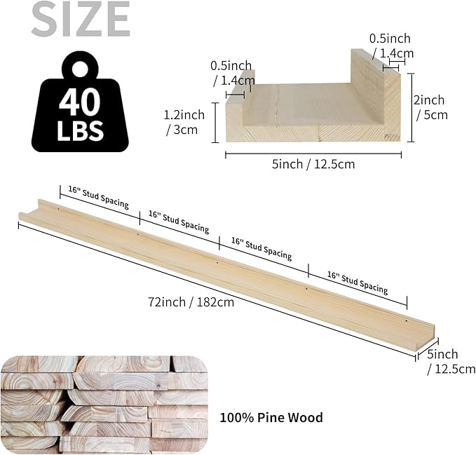 SAUMONIERES Picture Ledge Shelf Floating Book Shelves Set of 2 Wall Mounted Solid Wood for Bedroom Bathroom Living Room Kitchen, 72 Inch Natural-Ruum Studio Home