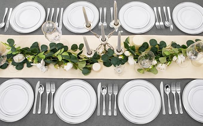 FLOWERCAT 60PCS Silver Plastic Plates - Heavy Duty White and Silver Plastic Plates Disposable - Include 30PCS 10.25inch Dinner Plates and 30PCS 7.5inch Dessert Plates for Wedding&New Year-Ruum Studio Home
