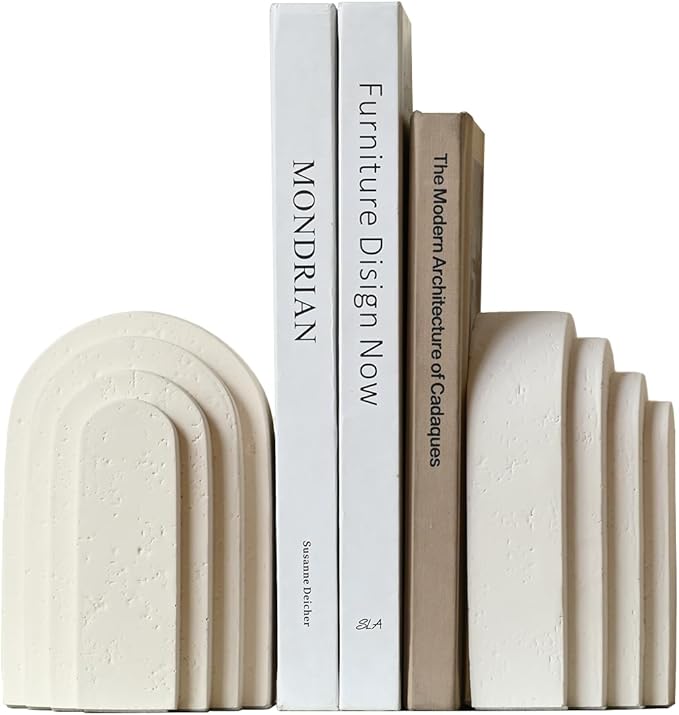 Decorative Bookends for Shelves, Set of 2 Book Ends for Heavy Books, Layered Arch Design Beige Bookend-Ruum Studio Home