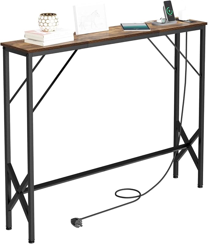 39.4" Console Table, Skinny Entryway Table with Fast-Charging Station, Narrow Long Sofa Table, Behind Slim Couch Table for Entrance, Hallway, Living Room Decor ST-BR100-1-Ruum Studio Home