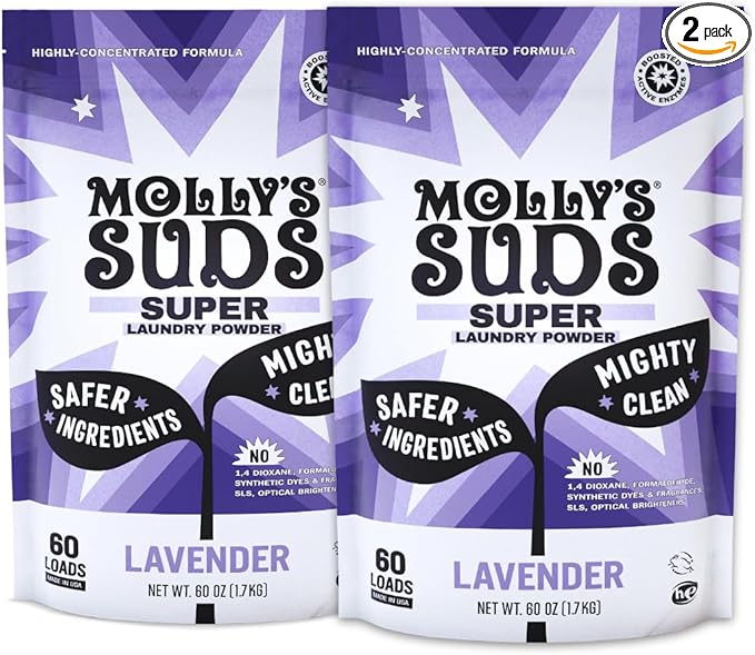 Molly's Suds Super Powder Detergent | Extra Strength Laundry Soap, Stain Fighting | Sensitive Skin | Simple, Effective Ingredients | Lavender, 120 Loads Total (2 Pack)-Ruum Studio Home