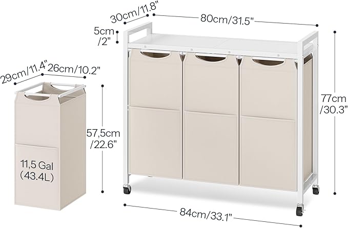 HOOBRO Laundry Sorter 3 Section, Laundry Hamper with Wheels, 3 × 11.5 Gal (43.4L), Rolling Laundry Basket, Pull-Out and Removable Oxford Fabric Bags, White WG76XY01-Ruum Studio Home