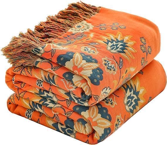 Throw Blanket for Couch Bed Chair,100% Cotton Soft Lightweight Blanket Rustic Quilt -Orange Floral Printed Farmhouse Decor Bed All Season Blankets,90"×98"-Ruum Studio Home