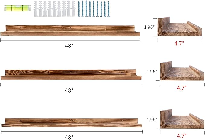 AZSKY Picture Ledge Shelf Wall Ledge Floating Shelves for Photo Frames Kids Book Shelves Wall Mounted Burnt Wall Display Shelf Wooden Frame Ledge 48 Inches Set of 3 Bathroom Organizer Shelves-Ruum Studio Home