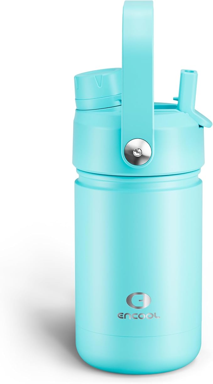 Kids Insualated Water Bottle with Straw - 12oz Stainless Steel Water Bottle with Dual Spouts, Leak-Proof, BPA-Free, Double Wall Vacuum Keeps Cold for 24 Hours for Sports, Travel (Aquamarine Blue)-Ruum Studio Home
