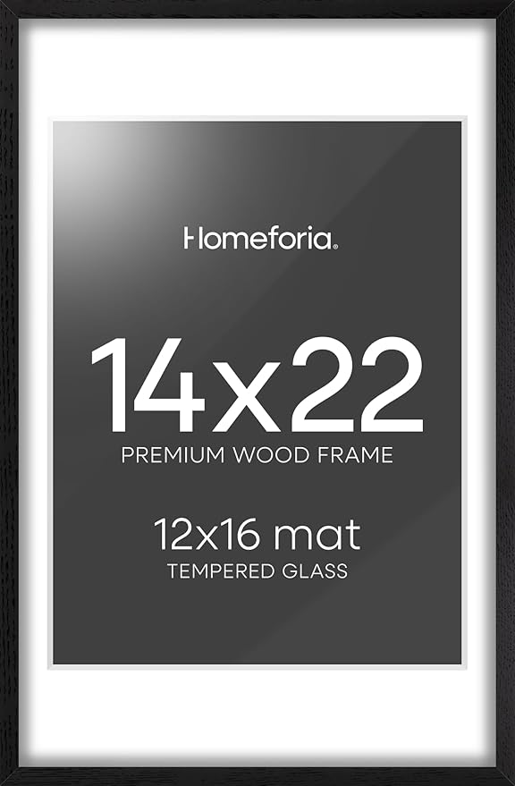 Homeforia 14x22 Frame Black Wood, High End Oak 14x22 Picture Frames with Mat 12x16 Photo, 14 x 22 Wooden Poster Frame Matted to 12 by 16 Print, 22x14 Hanging Frames, Tempered Glass, Wall Kit, Set of 1-Ruum Studio Home