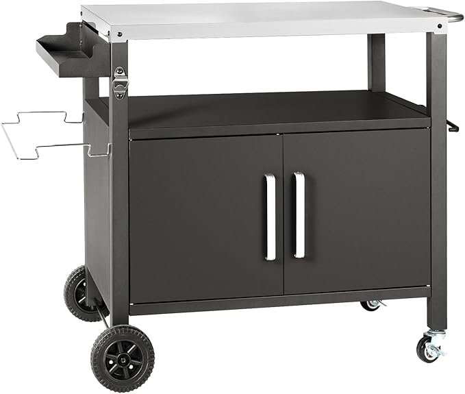 Dining Cart Table with Big Storage Cabinet, Movable Outdoor BBQ Grill Table Pizza Oven Stand, Kitchen Cart Island Multifunctional Food Prep for Inside and Outside-Ruum Studio Home